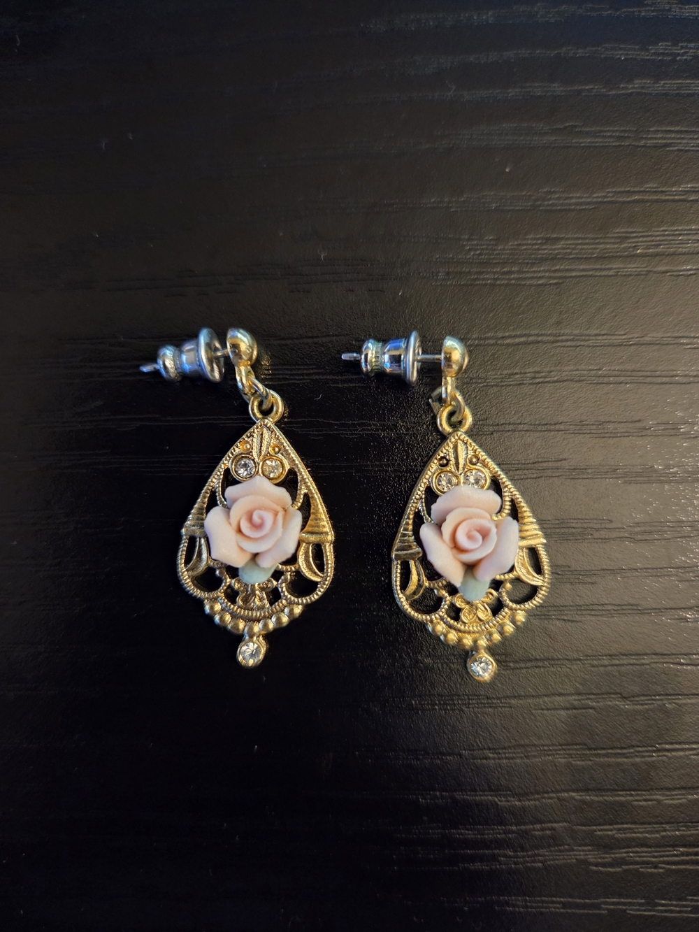 1928 Pink Porcelain Rose & Simulated Crystal Drop Earrings
